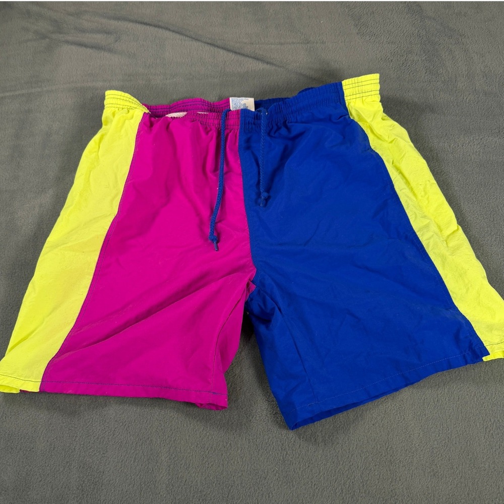 Vintage Cheetah Mervyns Colorblock Swim Trunks Pink Blue Neon Yellow Mens Medium